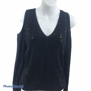 90's Vtg CABO Cold Shoulder Sequins Disco Lux Beaded Sweater Large Black